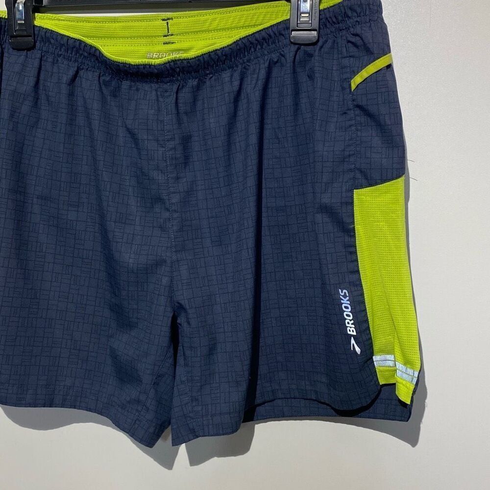Brooks Mens Sherpa Running Shorts Navy Blue Neon‎ Yellow Grid Reflective Large - Picture 2 of 7